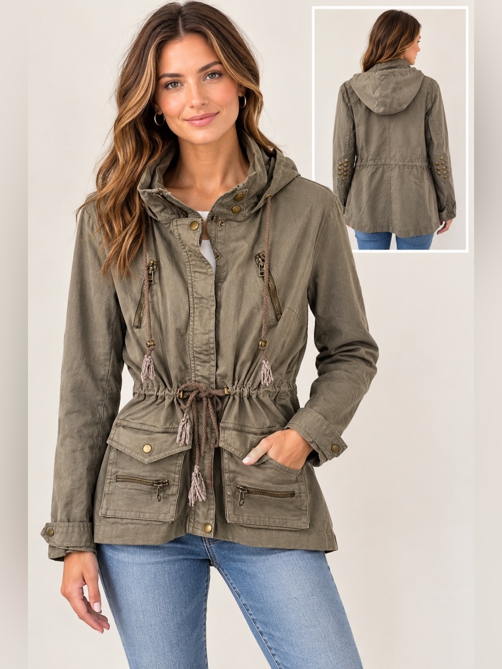 Kenna-T Olive Green Utility Jacket Cinched Waist Bronze Metal Detail Size Medium